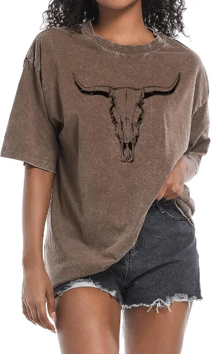 Western Cow Skull Shirts for Women Oversized Cowgirl Country Concert Vintage Graphic Tees Cowboy Rodeo T Shirt Tops
