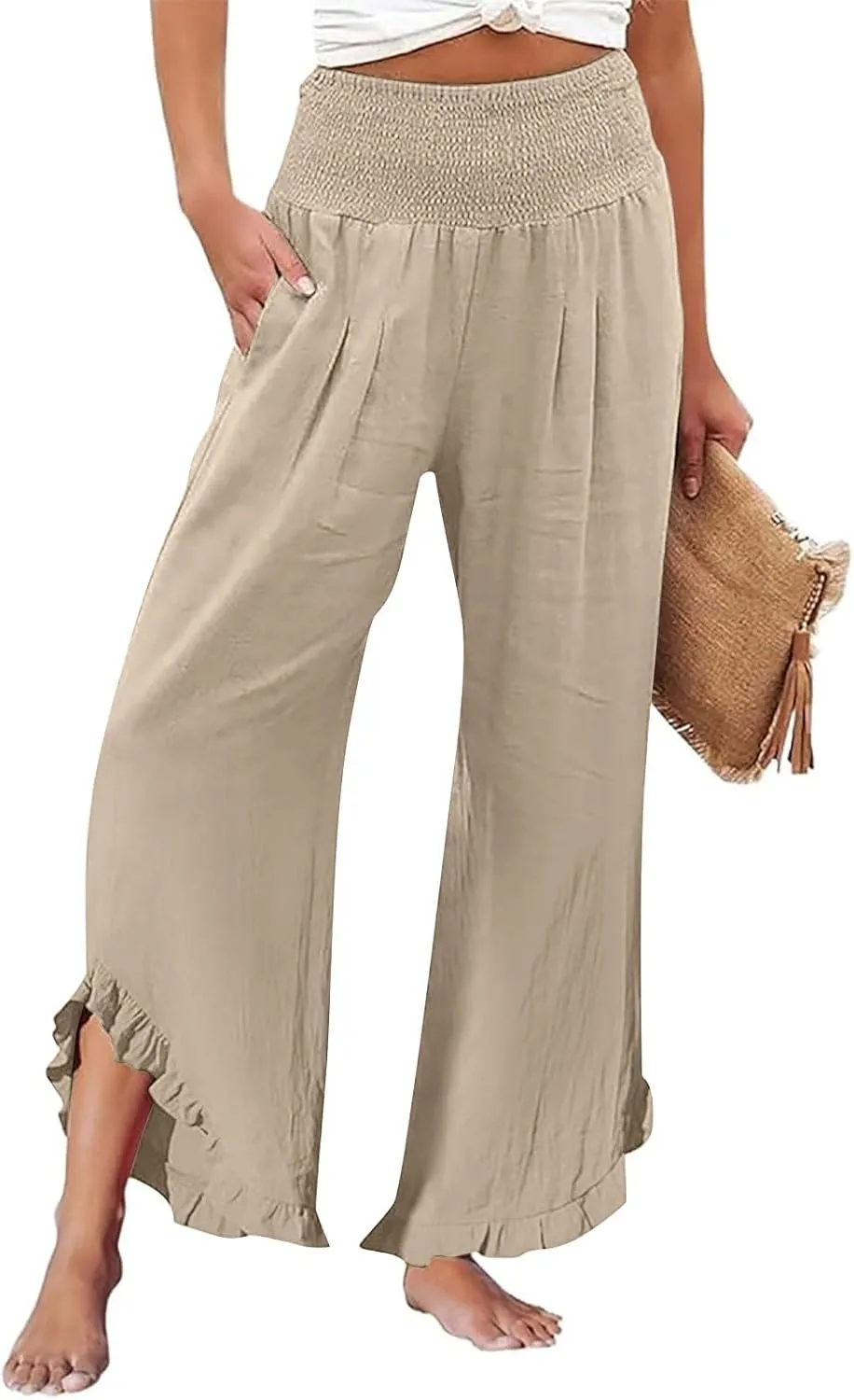 Wide Leg Linen Pants Womens Smocked High Waisted Ruffle Hem Palazzo Pants 2025 Summer Boho Beach Travel Vacation Pant