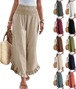 Wide Leg Linen Pants Womens Smocked High Waisted Ruffle Hem Palazzo Pants 2025 Summer Boho Beach Travel Vacation Pant