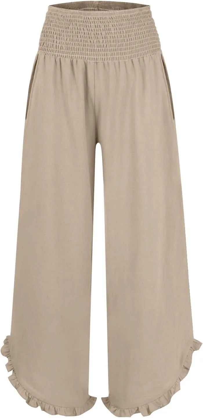 Wide Leg Linen Pants Womens Smocked High Waisted Ruffle Hem Palazzo Pants 2025 Summer Boho Beach Travel Vacation Pant