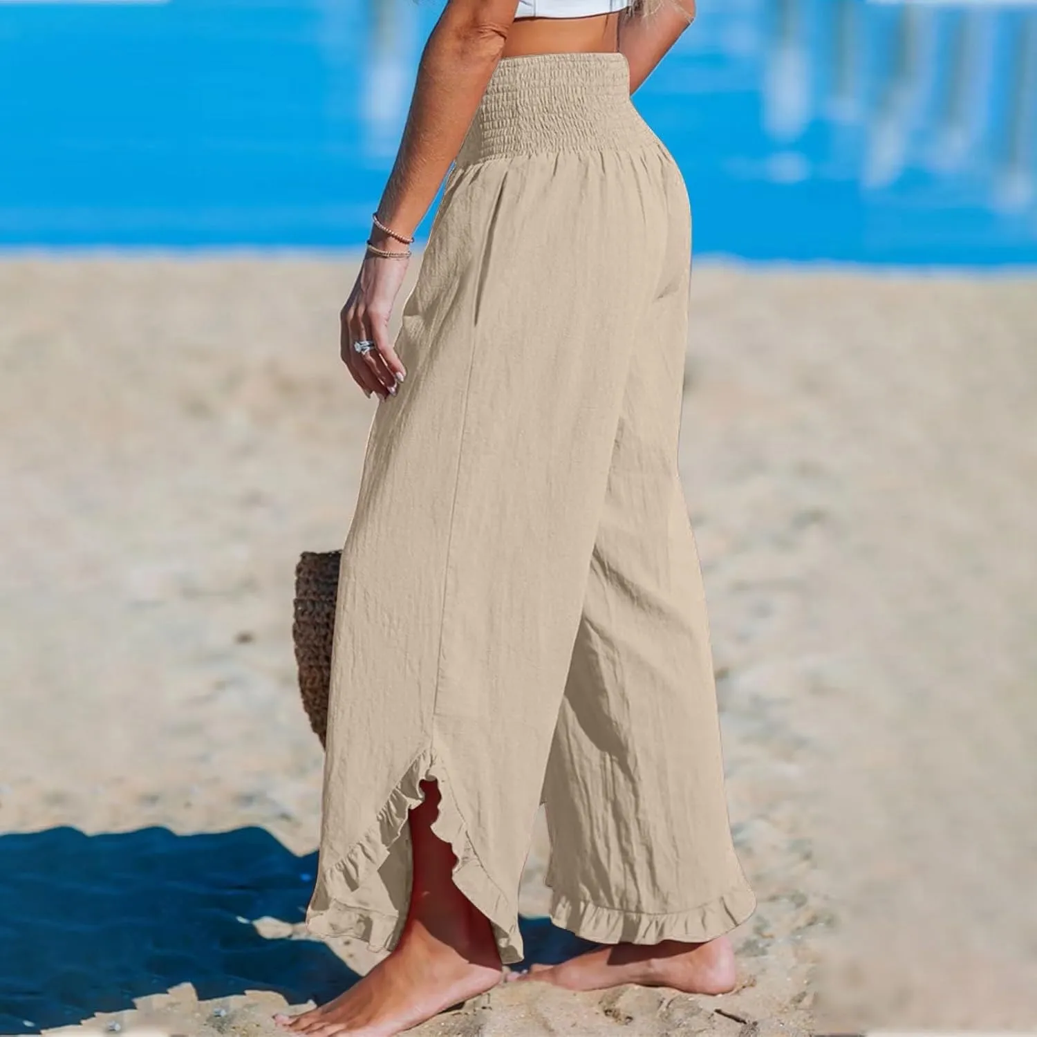 Wide Leg Linen Pants Womens Smocked High Waisted Ruffle Hem Palazzo Pants 2025 Summer Boho Beach Travel Vacation Pant