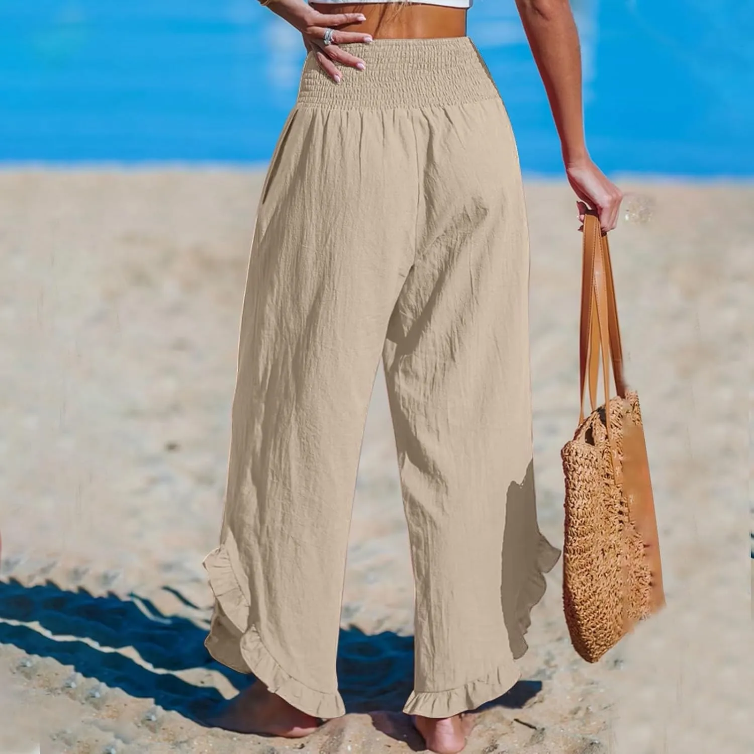 Wide Leg Linen Pants Womens Smocked High Waisted Ruffle Hem Palazzo Pants 2025 Summer Boho Beach Travel Vacation Pant