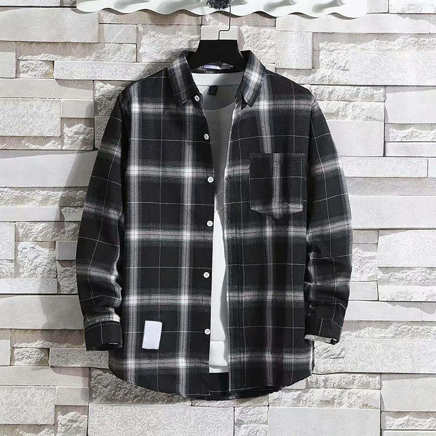 Winter Coat Men Plaid Lapel Button Long Sleeve Shirt Tops Men's Cardigan Coat with Zipper Shirt Plaid Cotton