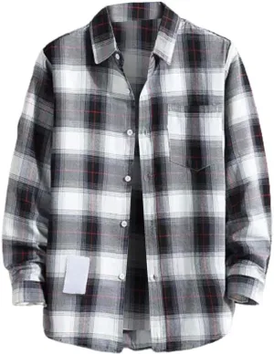 Winter Coat Men Plaid Lapel Button Long Sleeve Shirt Tops Men's Cardigan Coat with Zipper Shirt Plaid Cotton