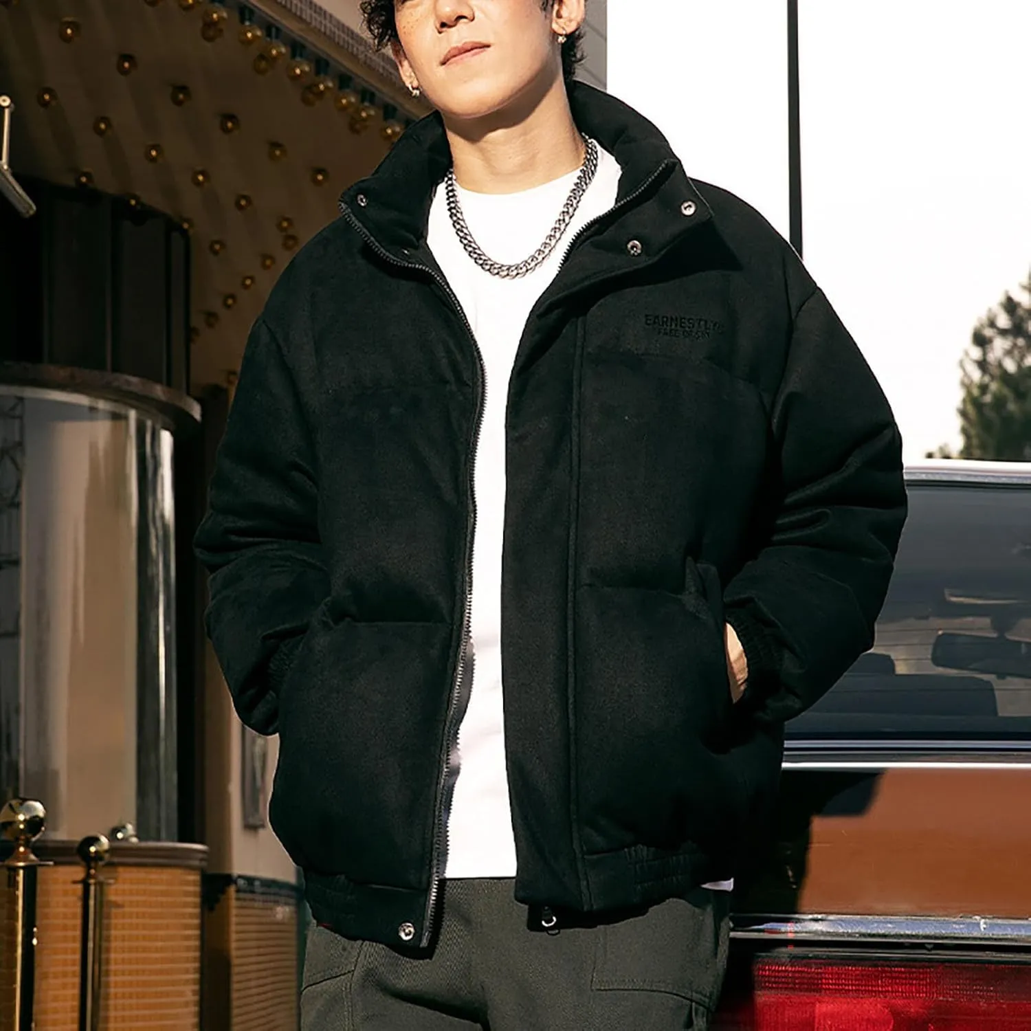 Winter Jacket for Men Warm Puffer Down Jackets Insulated Padded Bubble Coat Stand Collar Thick Fleece Bomber Jacket