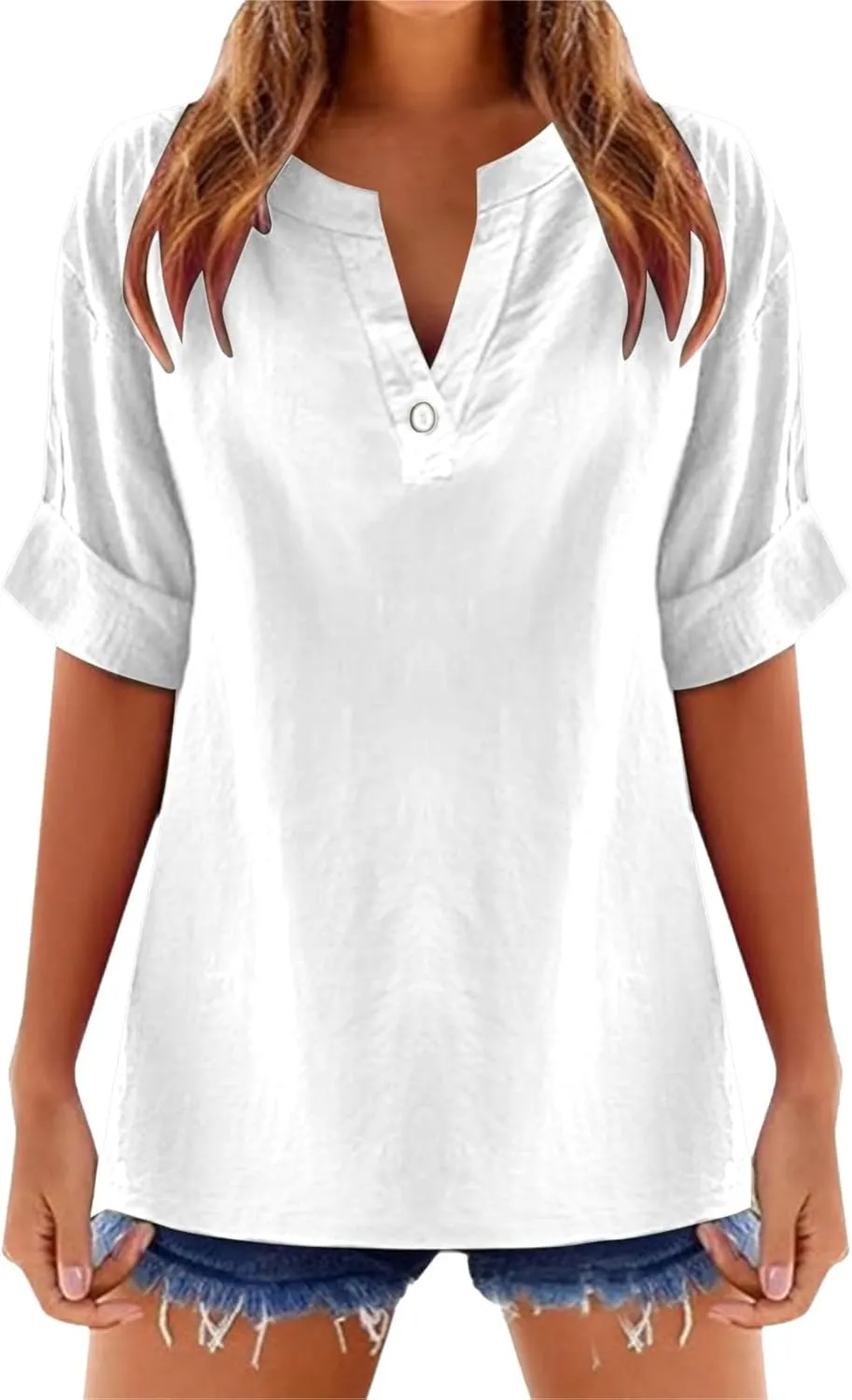 Women Button Up Shirt Plain Short Sleeve Linen Summer Casual Dress Blouse Tops Loose Tee Shirts