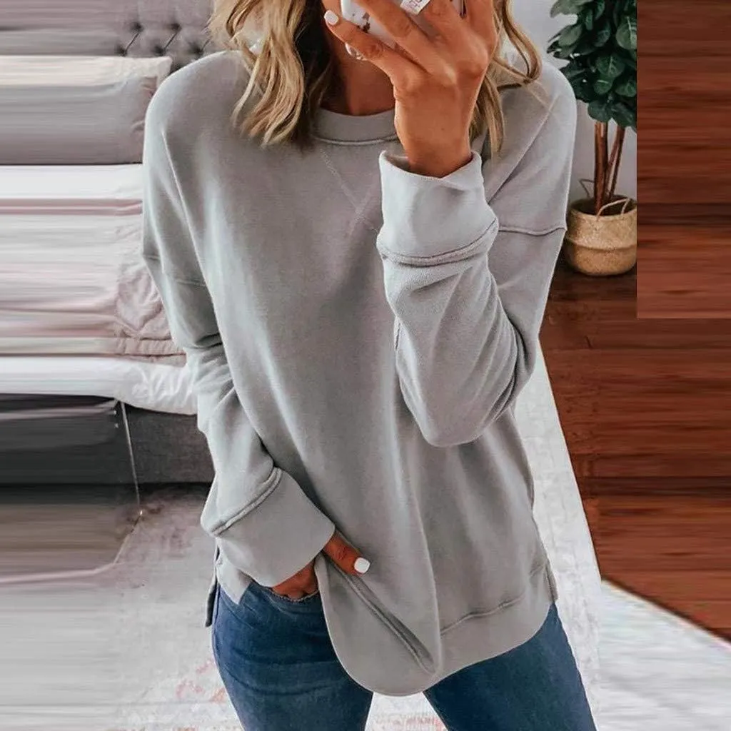 Women Casual Crewneck Sweatshirts Plus Size Long Sleeve Color Block Side Split Lightweight Loose Pullover Blouse Tops