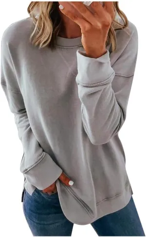 Women Casual Crewneck Sweatshirts Plus Size Long Sleeve Color Block Side Split Lightweight Loose Pullover Blouse Tops
