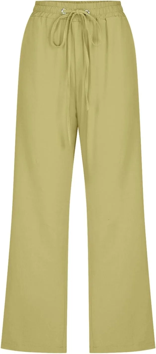 Women Comfortable High Waisted Wide Leg Pants Drawstring Elastic Trousers Comfy Straight Leg Long Pants with Pockets