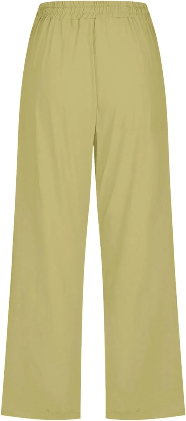 Women Comfortable High Waisted Wide Leg Pants Drawstring Elastic Trousers Comfy Straight Leg Long Pants with Pockets