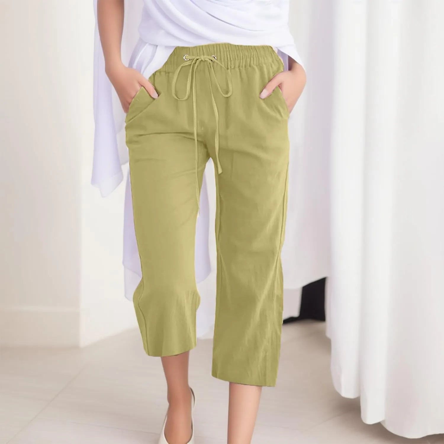Women Comfortable High Waisted Wide Leg Pants Drawstring Elastic Trousers Comfy Straight Leg Long Pants with Pockets