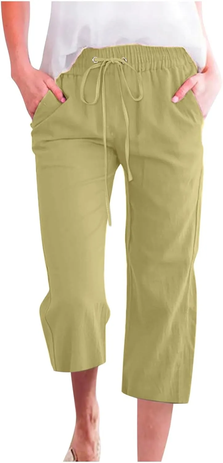 Women Comfortable High Waisted Wide Leg Pants Drawstring Elastic Trousers Comfy Straight Leg Long Pants with Pockets