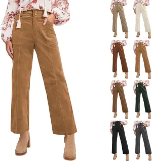Women Corduroy Pants Fall Wide Leg Pants with Pockets Casual Dress Pants Vintage Button Down Work Trousers Pants