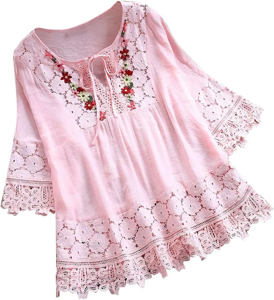 Women Cotton Linen Embroidered Tops Loose Fit Tunic 3/4 Sleeve Summer Blouse Shirts Boho Peasant Trendy Clothes 2024 T Shirts Beige 3X