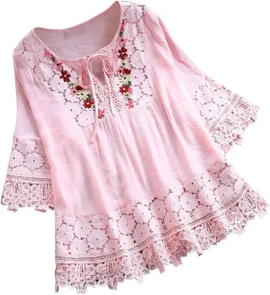 Women Cotton Linen Embroidered Tops Loose Fit Tunic 3/4 Sleeve Summer Blouse Shirts Boho Peasant Trendy Clothes 2024 T Shirts Beige 3X