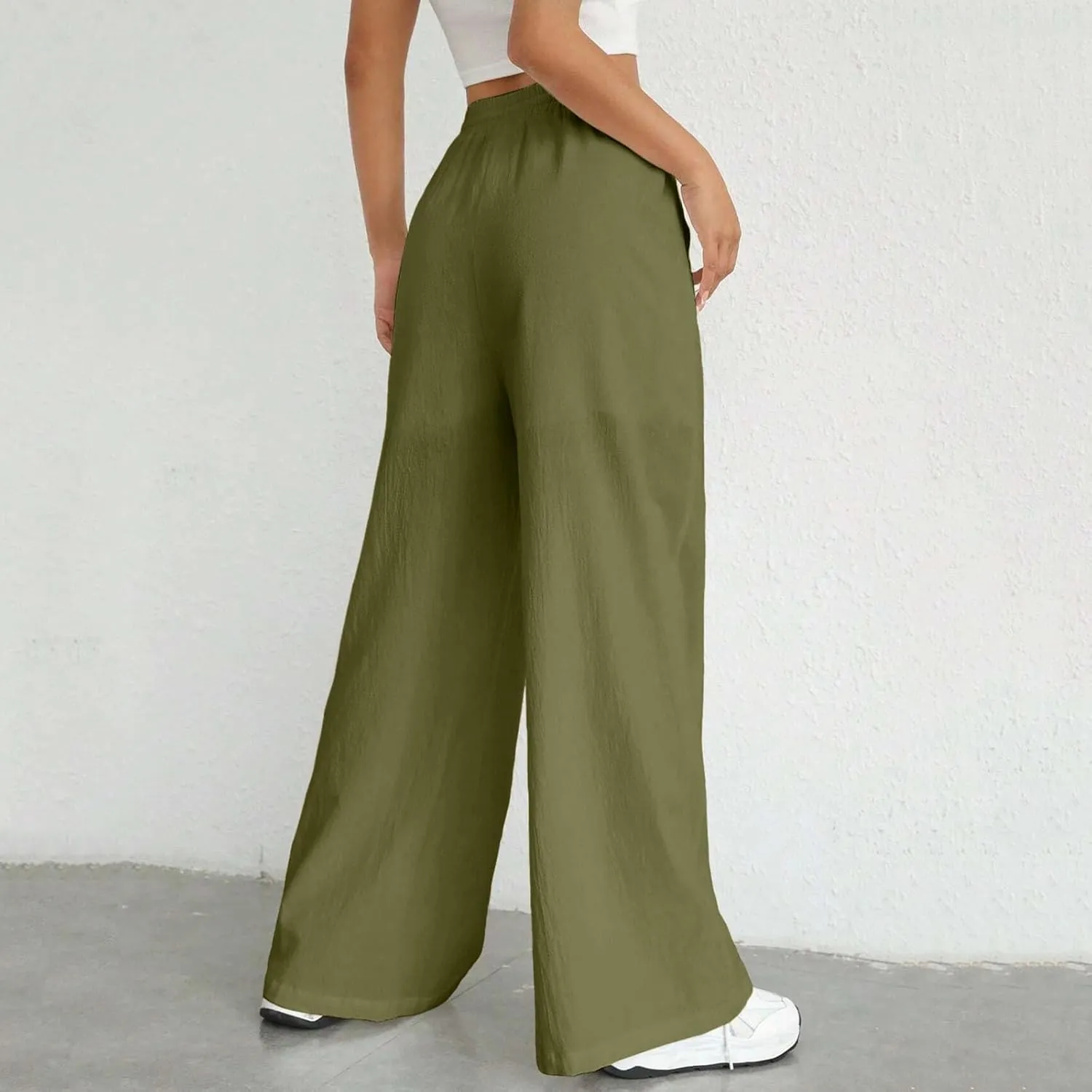 Women Fashion Casual High Waist Wide Leg Pants Drawstring Elastic Trousers Comfy Long Pants with Pockets