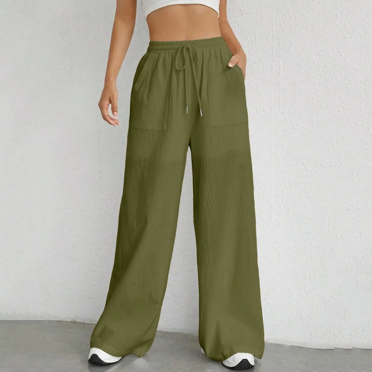 Women Fashion Casual High Waist Wide Leg Pants Drawstring Elastic Trousers Comfy Long Pants with Pockets