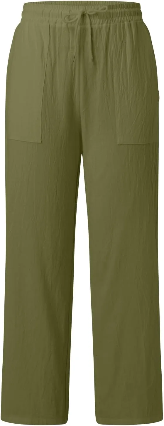 Women Fashion Casual High Waist Wide Leg Pants Drawstring Elastic Trousers Comfy Long Pants with Pockets