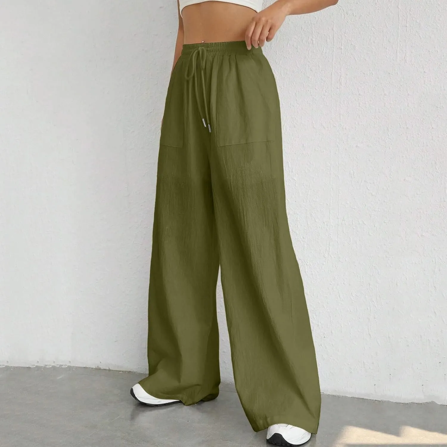 Women Fashion Casual High Waist Wide Leg Pants Drawstring Elastic Trousers Comfy Long Pants with Pockets