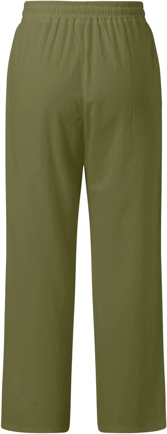 Women Fashion Casual High Waist Wide Leg Pants Drawstring Elastic Trousers Comfy Long Pants with Pockets