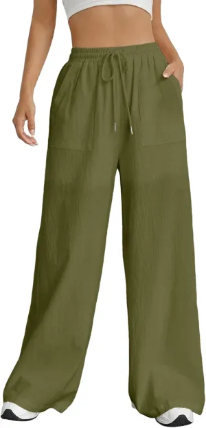 Women Fashion Casual High Waist Wide Leg Pants Drawstring Elastic Trousers Comfy Long Pants with Pockets