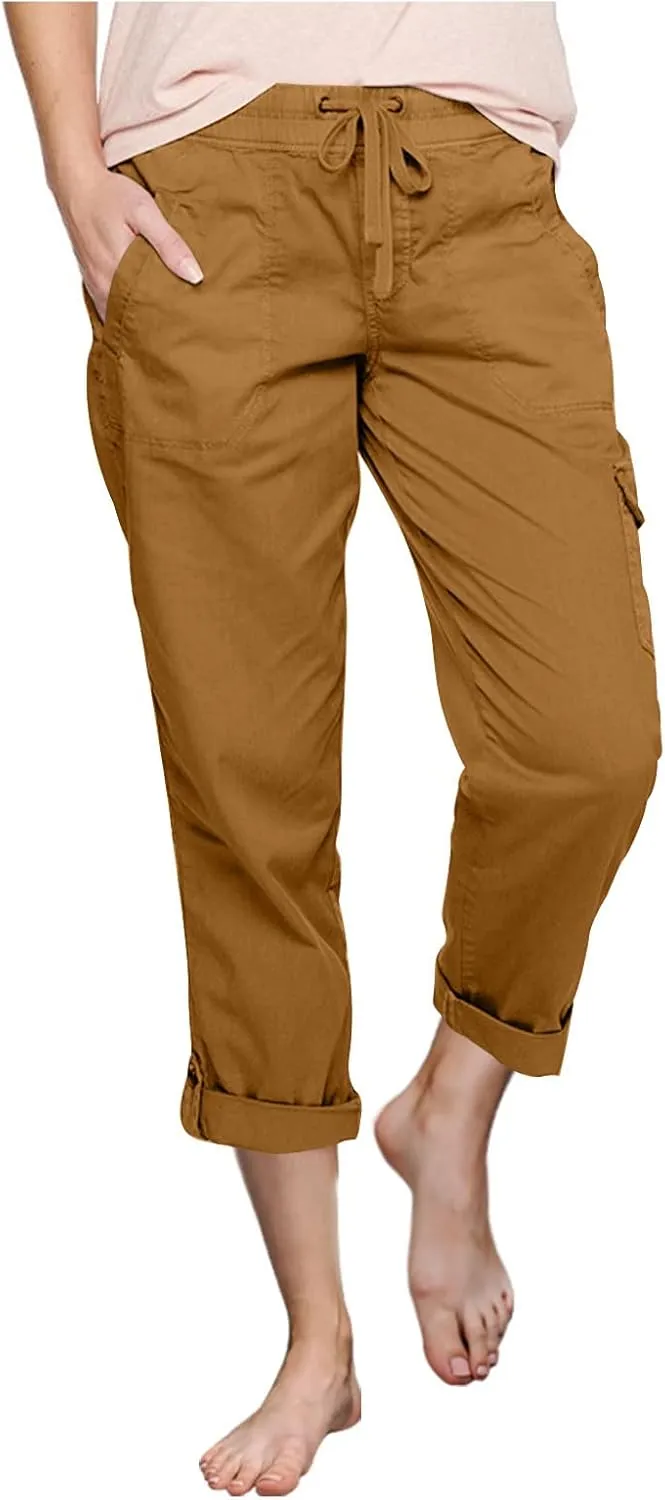 Women Fashion Elastic High Waist Pants with Pockets Trousers Outdoor Casual Sports Loose Cargo Pants