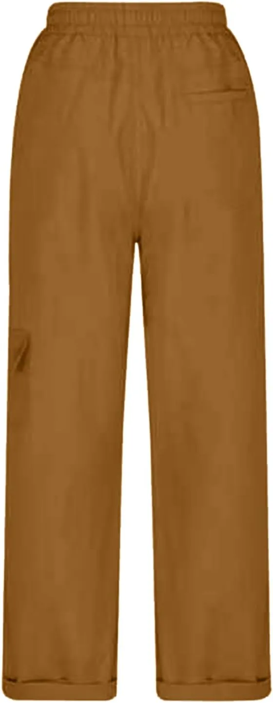 Women Fashion Elastic High Waist Pants with Pockets Trousers Outdoor Casual Sports Loose Cargo Pants