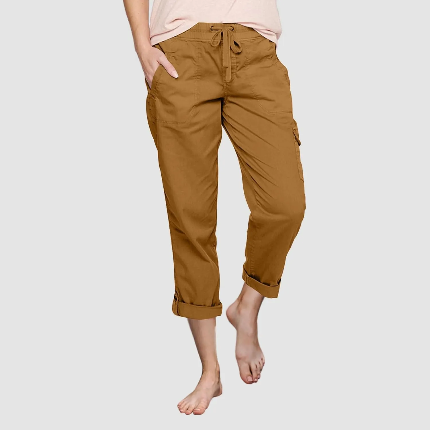 Women Fashion Elastic High Waist Pants with Pockets Trousers Outdoor Casual Sports Loose Cargo Pants