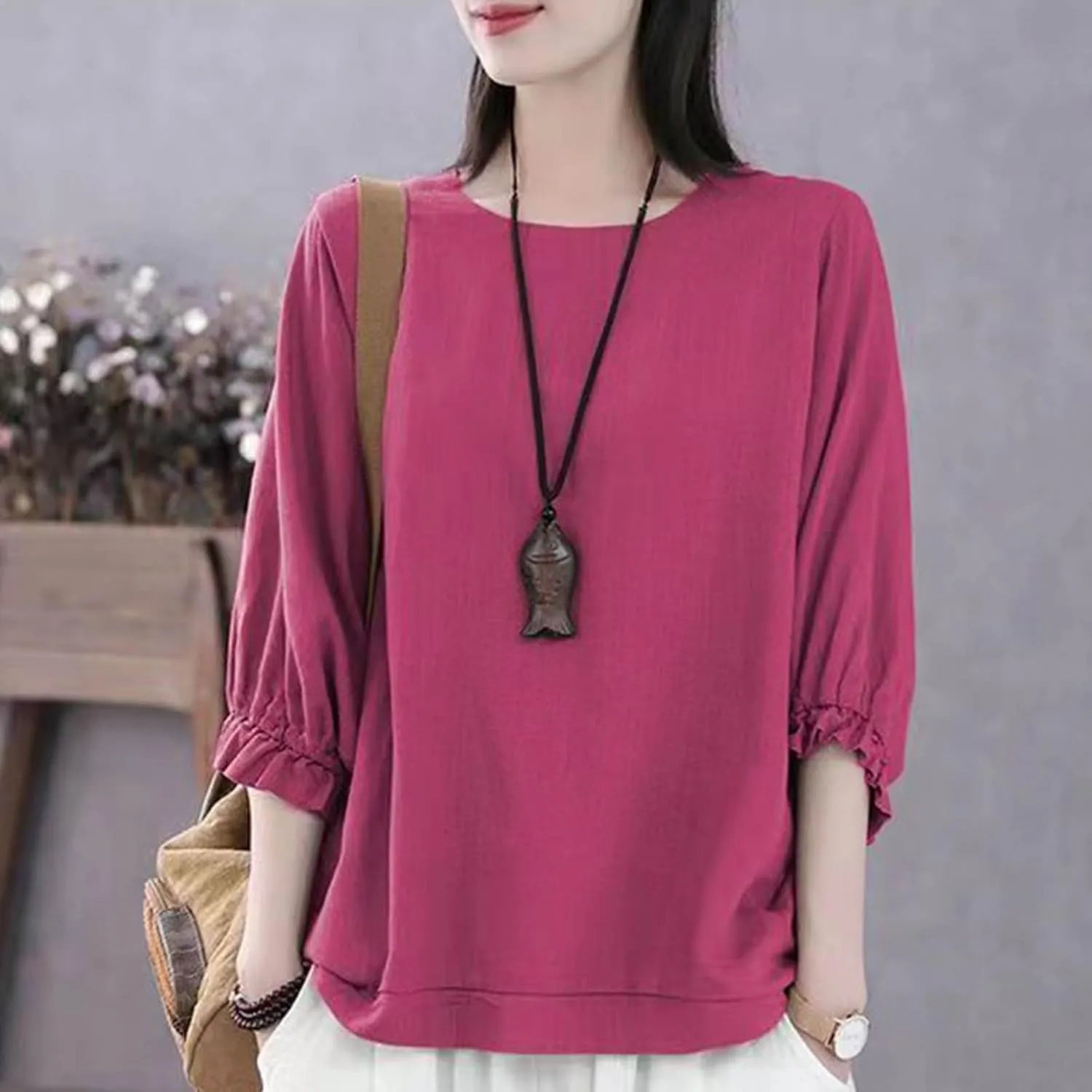 Women Frill 3/4 Batwing Sleeve T-Shirts Summer Cotton Linen Casual Loose Fit Blouse Fashion Crewneck Solid Vacation Tee Tops