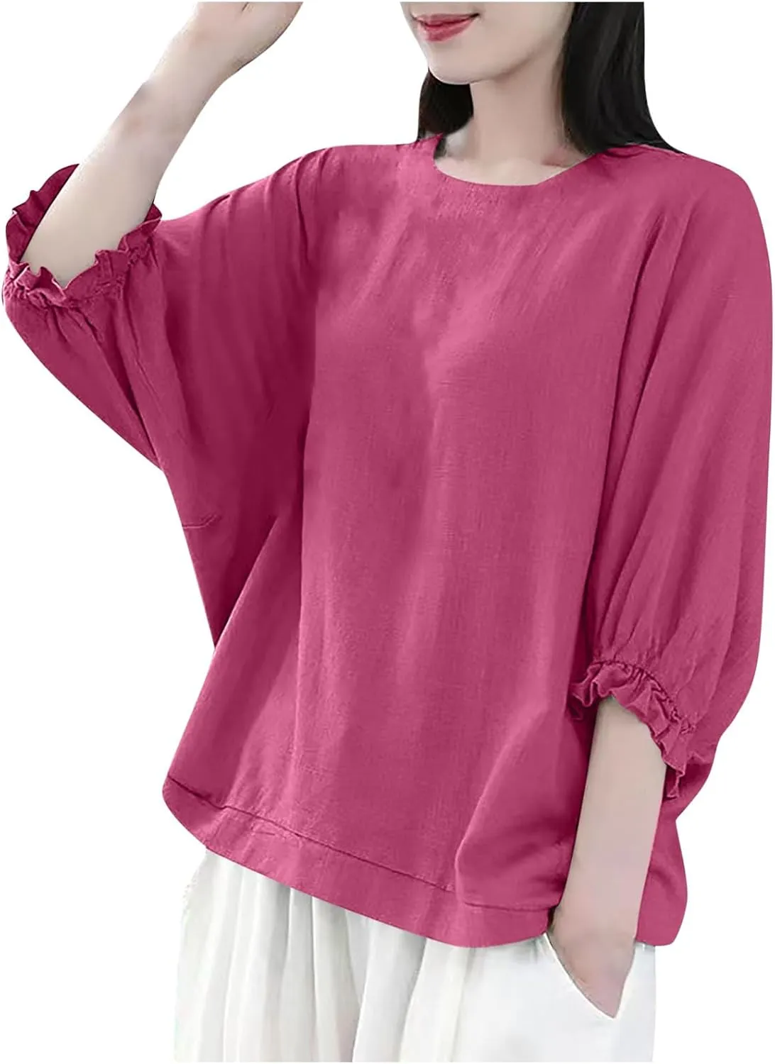 Women Frill 3/4 Batwing Sleeve T-Shirts Summer Cotton Linen Casual Loose Fit Blouse Fashion Crewneck Solid Vacation Tee Tops