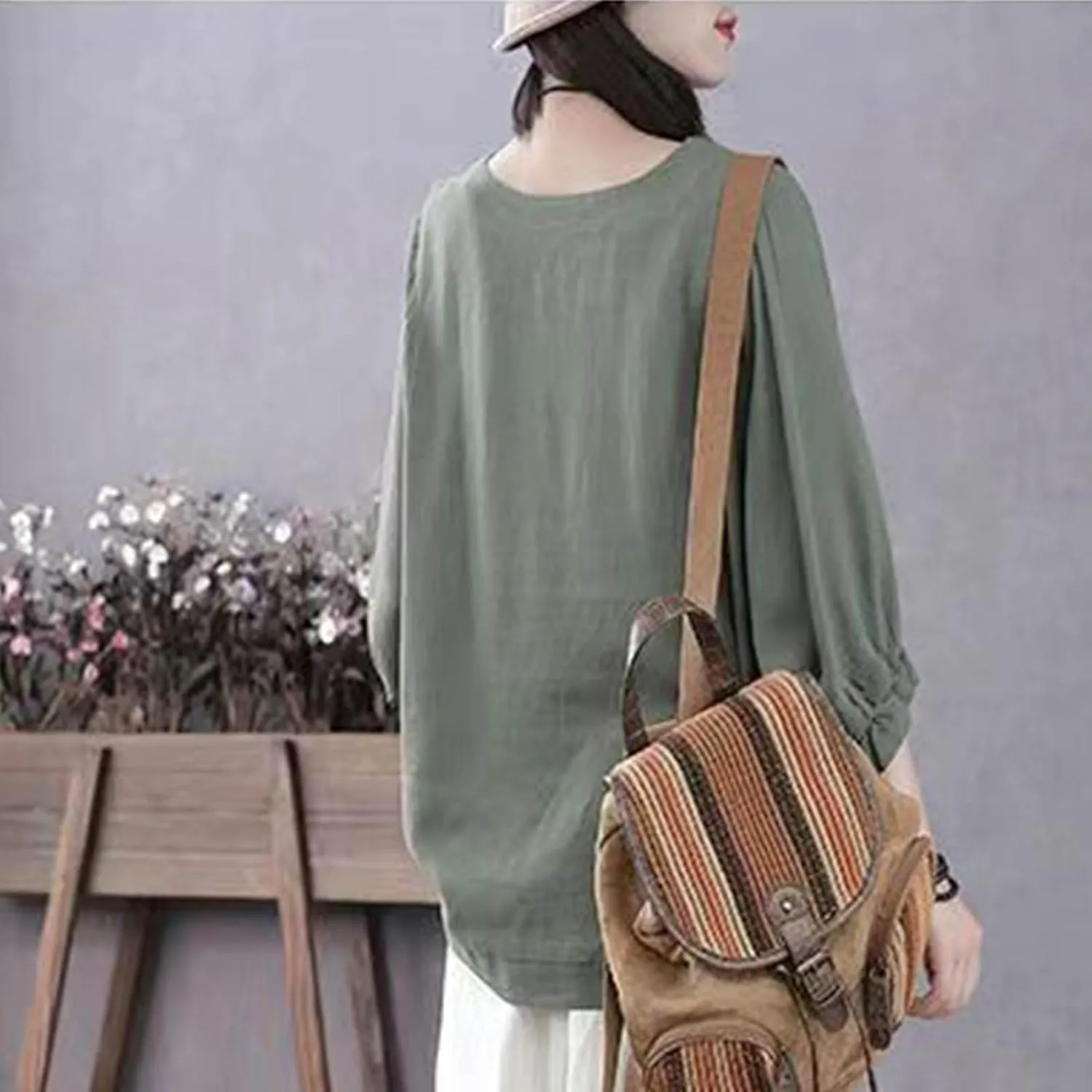 Women Frill 3/4 Batwing Sleeve T-Shirts Summer Cotton Linen Casual Loose Fit Blouse Fashion Crewneck Solid Vacation Tee Tops