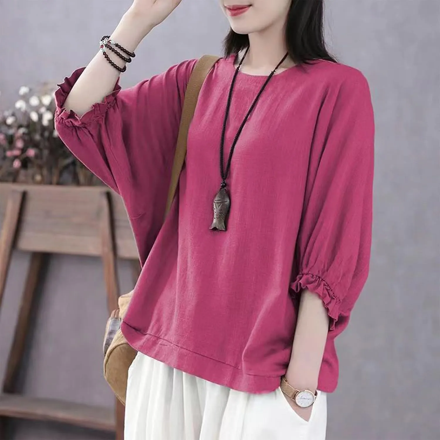 Women Frill 3/4 Batwing Sleeve T-Shirts Summer Cotton Linen Casual Loose Fit Blouse Fashion Crewneck Solid Vacation Tee Tops