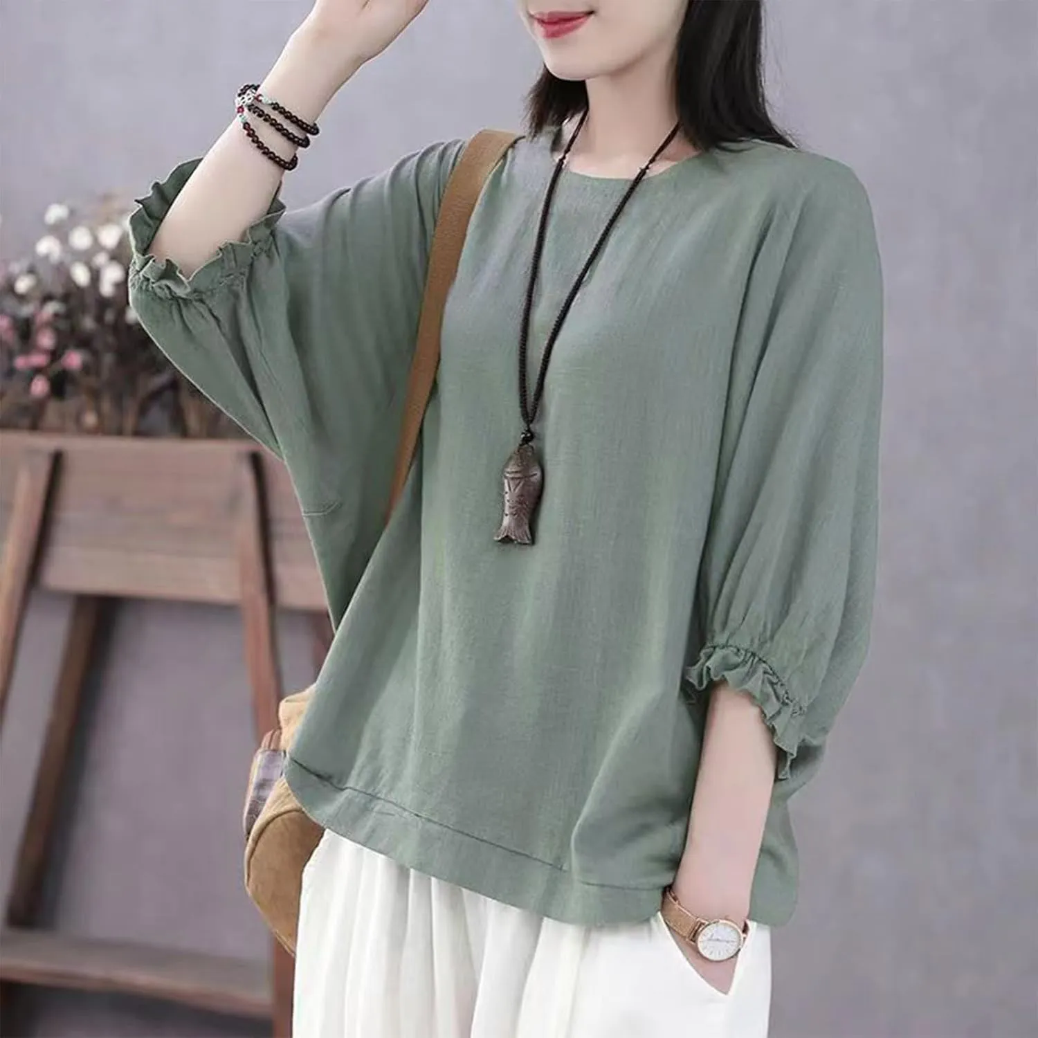 Women Frill 3/4 Batwing Sleeve T-Shirts Summer Cotton Linen Casual Loose Fit Blouse Fashion Crewneck Solid Vacation Tee Tops