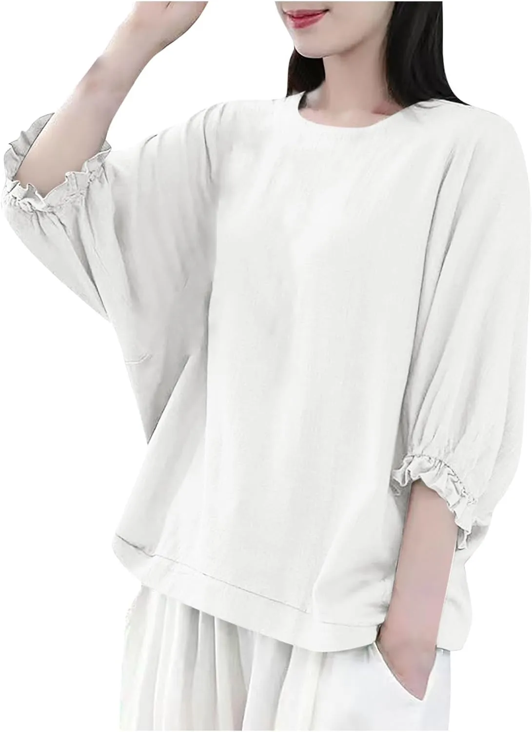 Women Frill 3/4 Batwing Sleeve T-Shirts Summer Cotton Linen Casual Loose Fit Blouse Fashion Crewneck Solid Vacation Tee Tops