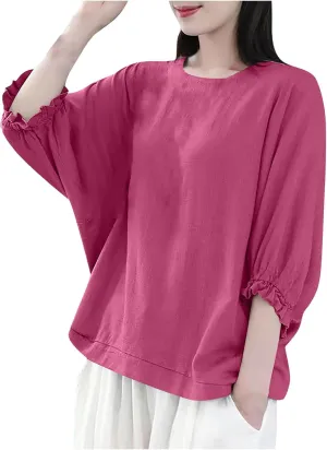 Women Frill 3/4 Batwing Sleeve T-Shirts Summer Cotton Linen Casual Loose Fit Blouse Fashion Crewneck Solid Vacation Tee Tops