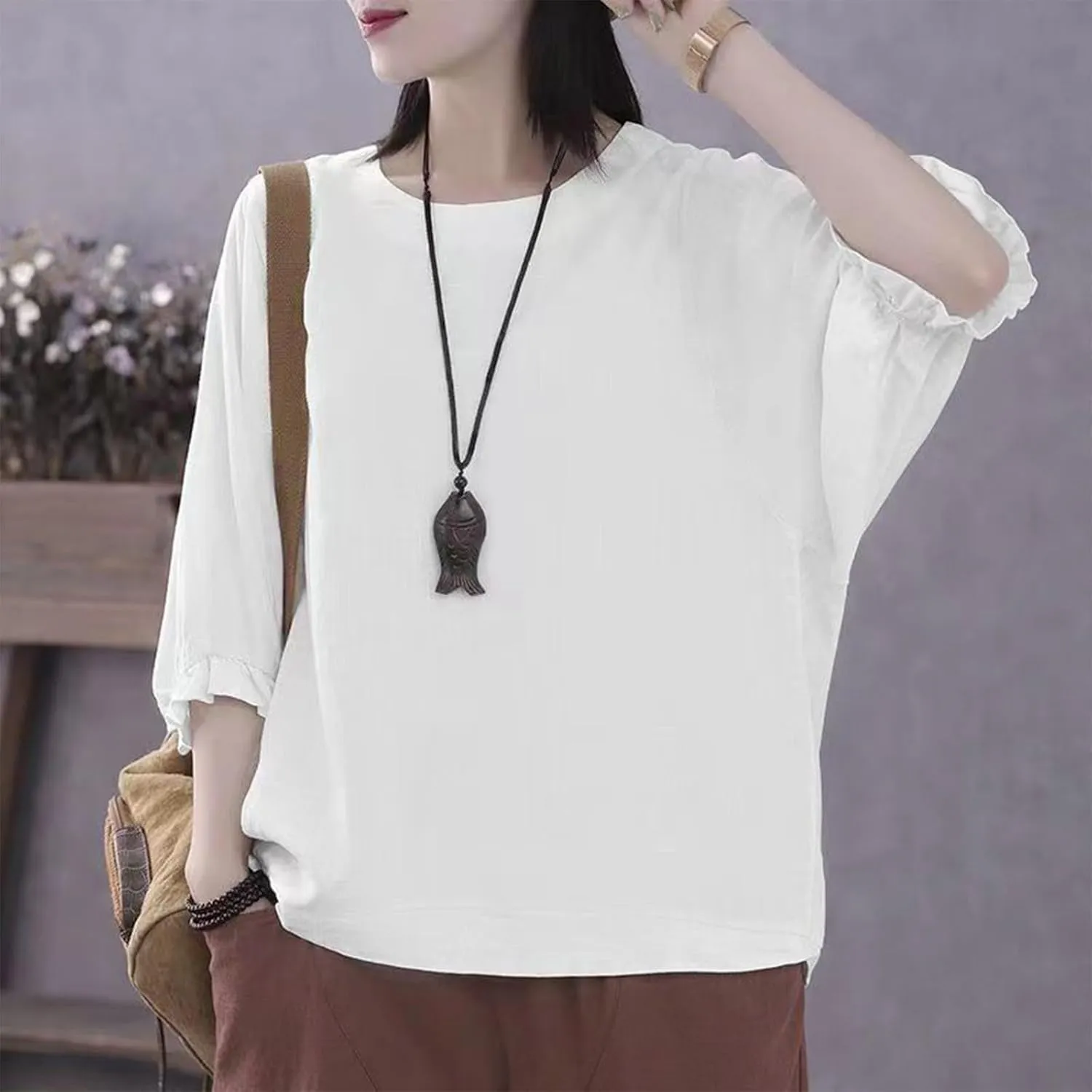 Women Frill 3/4 Batwing Sleeve T-Shirts Summer Cotton Linen Casual Loose Fit Blouse Fashion Crewneck Solid Vacation Tee Tops