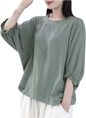 Women Frill 3/4 Batwing Sleeve T-Shirts Summer Cotton Linen Casual Loose Fit Blouse Fashion Crewneck Solid Vacation Tee Tops