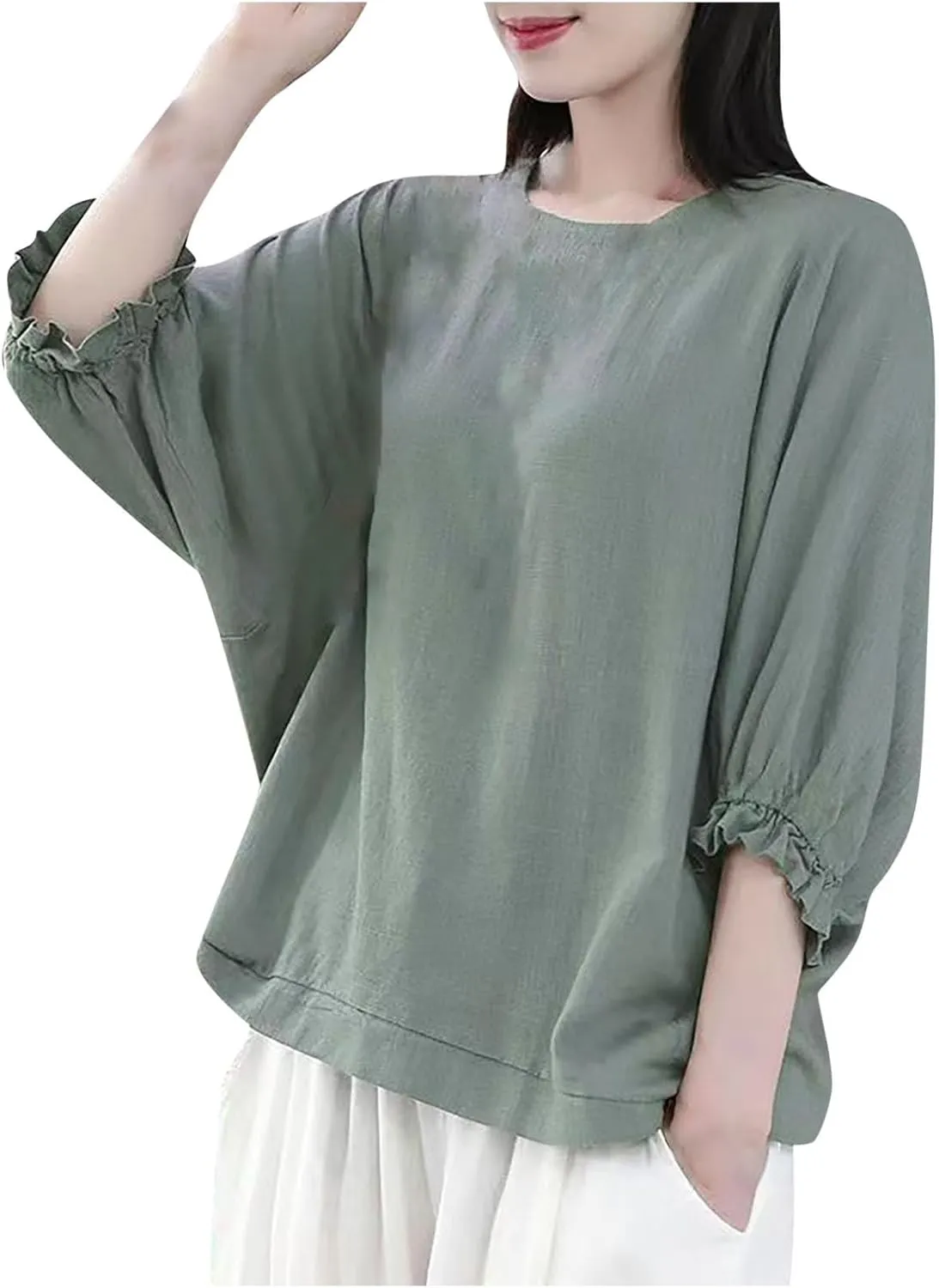 Women Frill 3/4 Batwing Sleeve T-Shirts Summer Cotton Linen Casual Loose Fit Blouse Fashion Crewneck Solid Vacation Tee Tops