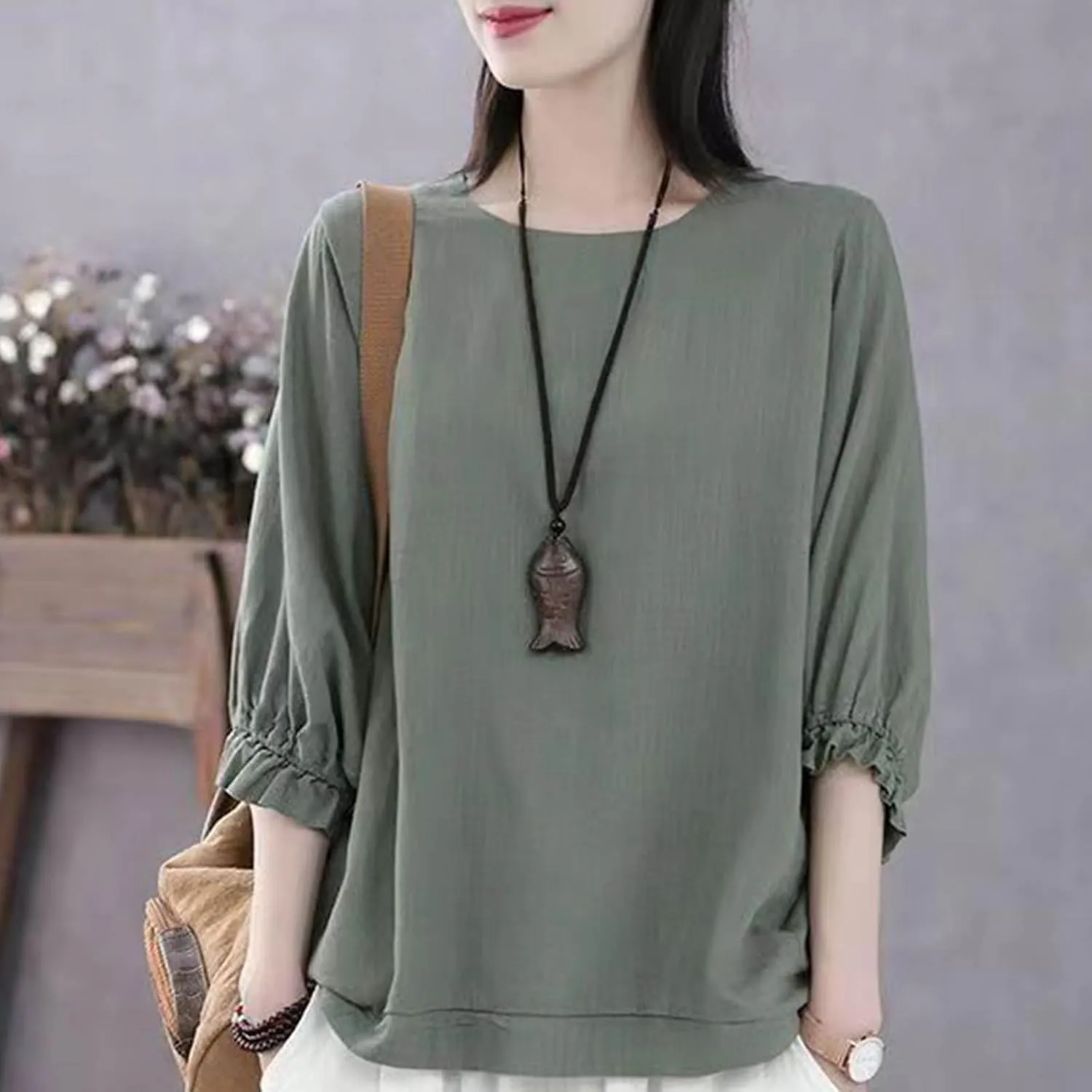 Women Frill 3/4 Batwing Sleeve T-Shirts Summer Cotton Linen Casual Loose Fit Blouse Fashion Crewneck Solid Vacation Tee Tops