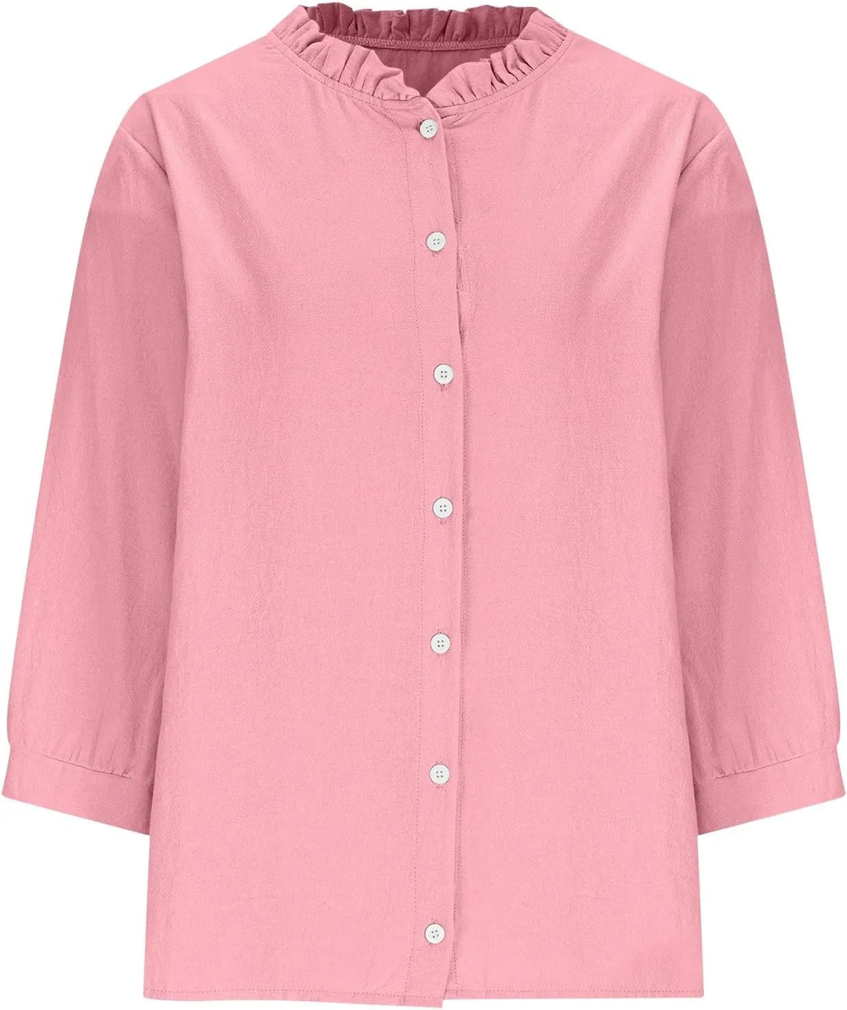 Women Frill Trim Stand Collar Shirts Summer Cotton Linen 3/4 Sleeve Button Down Blouses Dressy Casual Loose Fit Tee Tops