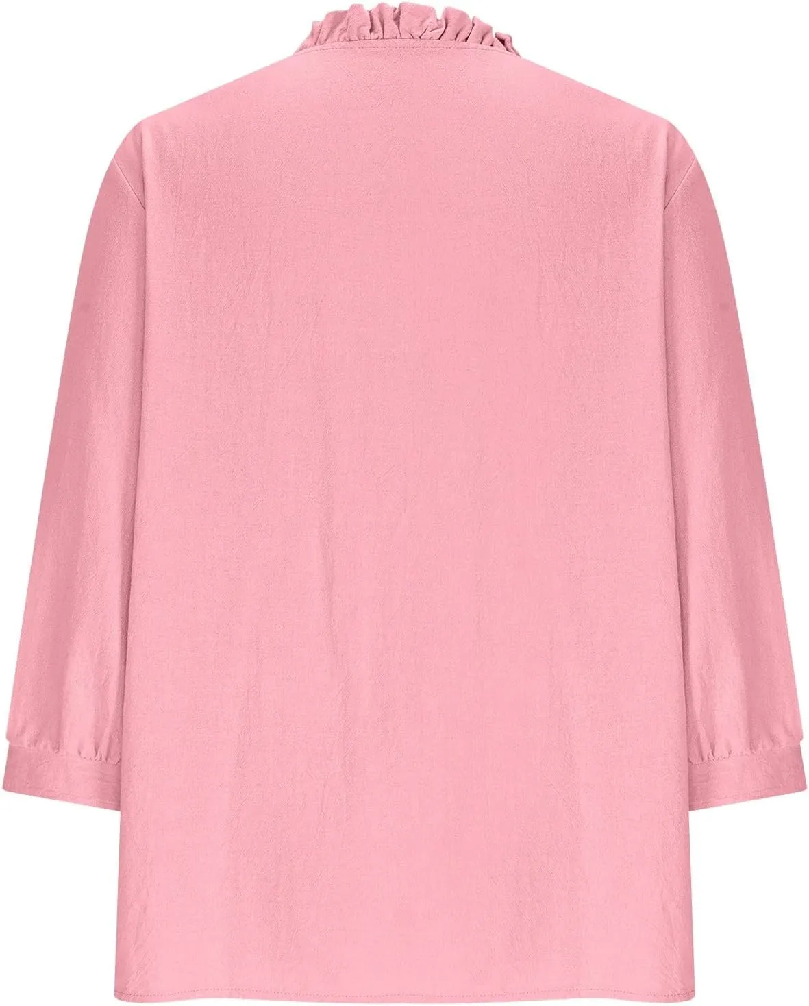 Women Frill Trim Stand Collar Shirts Summer Cotton Linen 3/4 Sleeve Button Down Blouses Dressy Casual Loose Fit Tee Tops