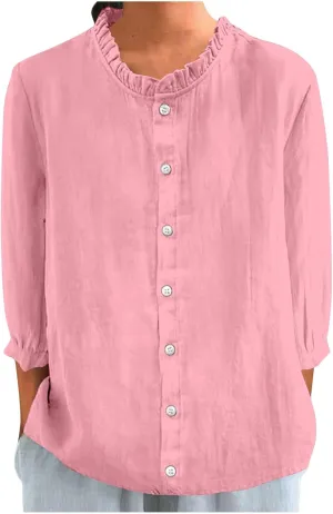 Women Frill Trim Stand Collar Shirts Summer Cotton Linen 3/4 Sleeve Button Down Blouses Dressy Casual Loose Fit Tee Tops