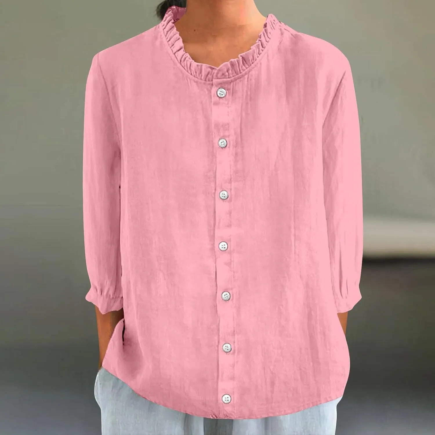 Women Frill Trim Stand Collar Shirts Summer Cotton Linen 3/4 Sleeve Button Down Blouses Dressy Casual Loose Fit Tee Tops