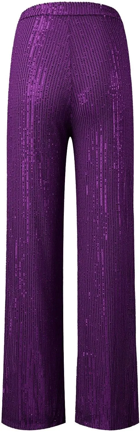 Women High Elastic Waist Wide Leg Palazzo Pants Casual Loose Long Sequin Pants Sparkly Glitter Party Club Trousers