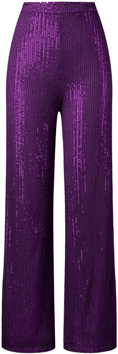 Women High Elastic Waist Wide Leg Palazzo Pants Casual Loose Long Sequin Pants Sparkly Glitter Party Club Trousers