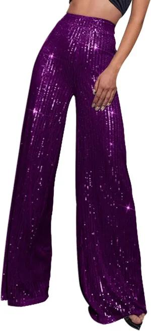 Women High Elastic Waist Wide Leg Palazzo Pants Casual Loose Long Sequin Pants Sparkly Glitter Party Club Trousers