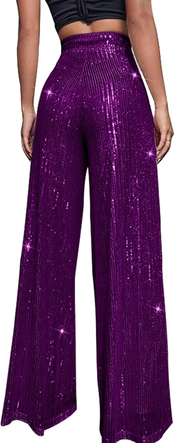 Women High Elastic Waist Wide Leg Palazzo Pants Casual Loose Long Sequin Pants Sparkly Glitter Party Club Trousers