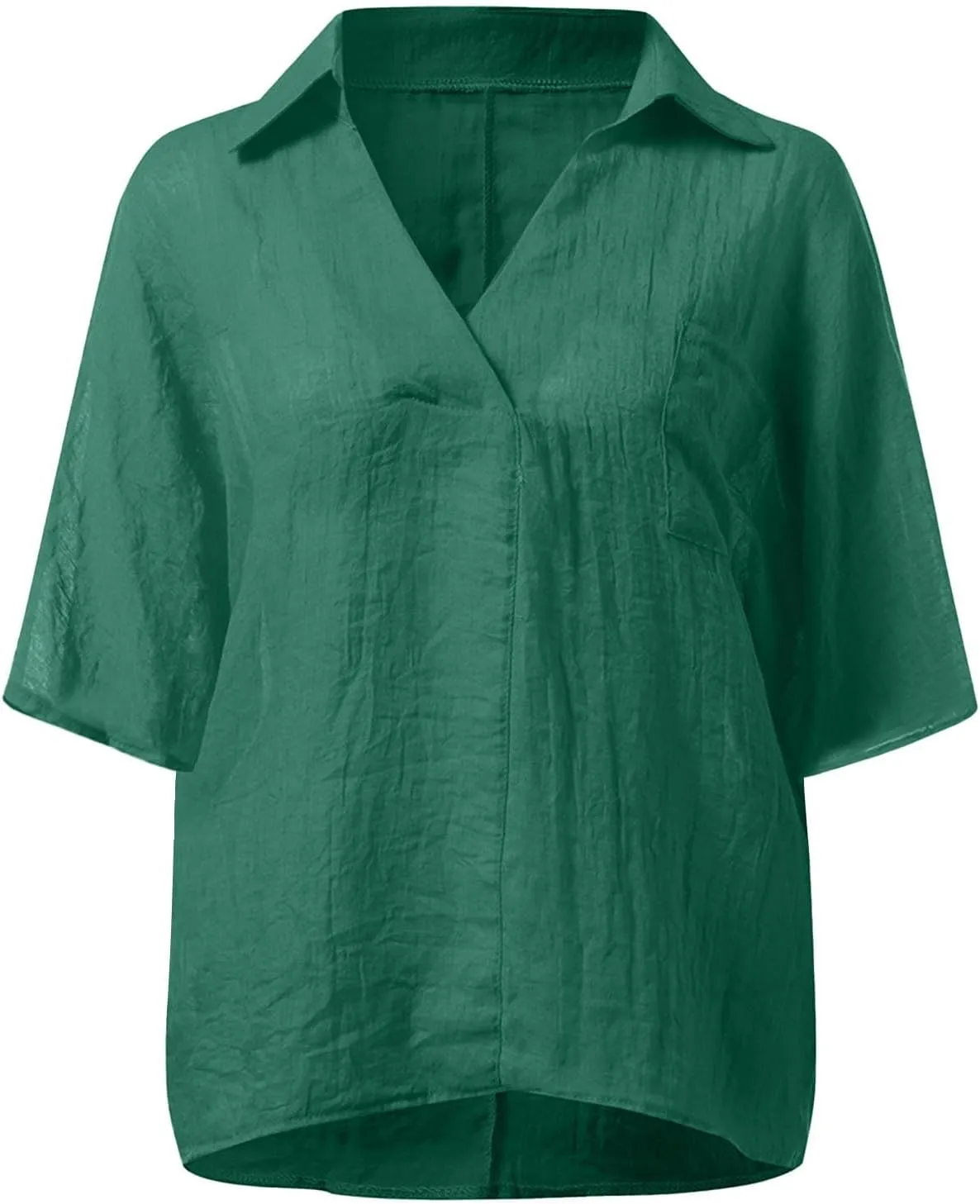Women High-Low Hem Linen Tunic Tops Summer Dressy Lapel V Neck 3/4 Sleeve T-Shirts Casual Loose Fit Work Blouses with Pocket