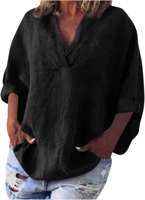 Women High-Low Hem Linen Tunic Tops Summer Dressy Lapel V Neck 3/4 Sleeve T-Shirts Casual Loose Fit Work Blouses with Pocket