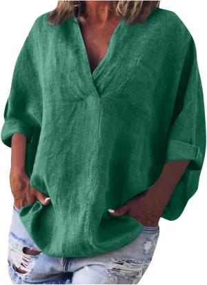 Women High-Low Hem Linen Tunic Tops Summer Dressy Lapel V Neck 3/4 Sleeve T-Shirts Casual Loose Fit Work Blouses with Pocket